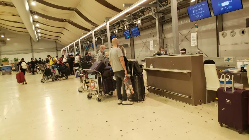 Covid testing station at Tel Aviv airport tent facility. Every person entering must get a PCR test and quarantine until the result comes back negative.