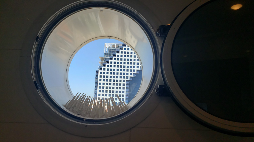 View from our Tel Aviv hotel bathroom window. The spikes are to keep the city pigeons out.