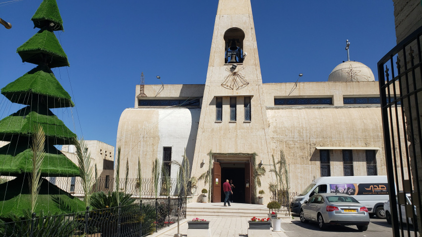 Beautiful Christian Church at the top of Nazareth. Christians only make up 2 percent of Israel's population. Jews are 75 percent, Muslim 22 percent.