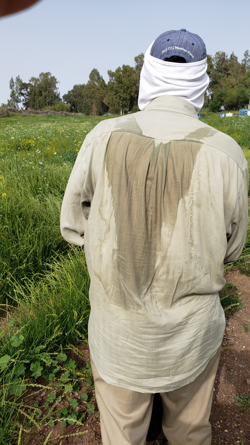 Jeff gets delusional. Sees cross in the sweat pattern of my shirt.
