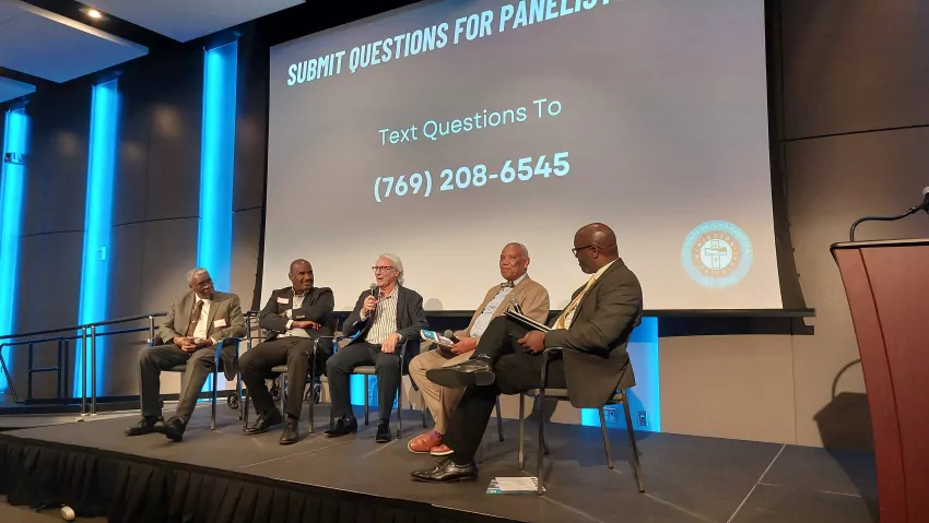 Panel from left: Dolphus Weary, president emeritus; Jarvis Ward, former executive director; Lee Paris, founding board chairman; Neddie Winters, current president; and Brian Crawford, president-elect. 