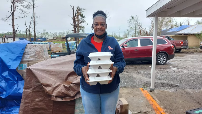 Local residents came by throughout the day to pick up food at the First Baptist Church. Red Cross volunteers told us exactly how many meals to make. Different volunteers are assigned different days. 