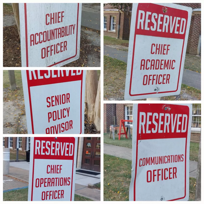 As we played through the old Jackson high school building, now housing the Mississippi Department of Education, I couldn't help but notice a bunch of parking signs. Lots of administrators. 