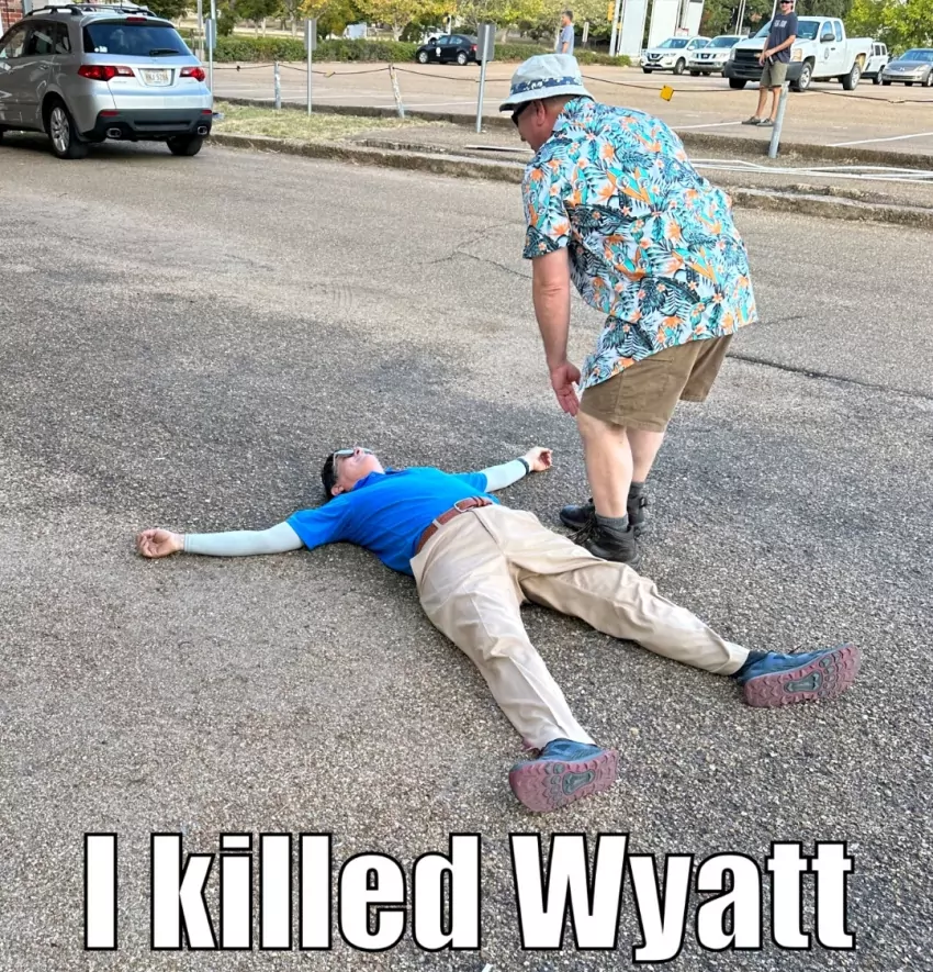 Jeff whacked me in the head with his frisbee and I feigned death. I them all going for a minute with my deft fake collapse. Dr Carlton checks me out. 