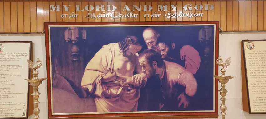 Doubting Thomas sticking his finger in Jesus' wound. He then fell to his knees saying, "My God, my Lord." 