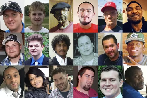 This combination of photos shows, top row from left, Anthony Timpa, Austin Hunter Turner, Carl Grant, Damien Alvarado, Delbert McNiel and Demetrio Jackson; second row from left, Drew Edwards, Evan Terhune, Giovani Berne, Glenn Ybanez, Ivan Gutzalenko and Mario Clark; bottom row from left, Michael Guillory, Robbin McNeely, Seth Lucas, Steven Bradley Beasley, Taylor Ware and Terrell "Al" Clark. Each died after separate encounters with police in which officers used force that is not supposed to be 