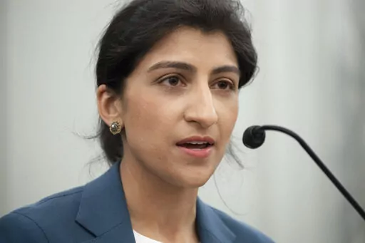 Lina Khan, nominee for Commissioner of the Federal Trade Commission (FTC), speaks during a Senate Committee on Commerce, Science, and Transportation confirmation hearing, April 21, 2021 on Capitol Hill in Washington. Khan, the head of the Federal Trade Commission says she’ll continue to lead a robust agenda of actions and policies to help safeguard the data privacy of children online. The work will include toughened enforcement of protections under a long-standing law governing kids’ online 