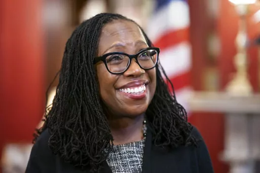 Supreme Court nominee Judge Ketanji Brown Jackson smiles as Sen. Richard Shelby, R-Ala., arrives for a meeting in his office on Capitol Hill in Washington, March 31, 2022. The first Black woman confirmed for the Supreme Court, Jackson, is officially becoming a justice. Jackson will be sworn as the court’s 116th justice at midday Thursday, June 30, just as the man she is replacing, Justice Stephen Breyer, retires. (AP Photo/J. Scott Applewhite, File)
