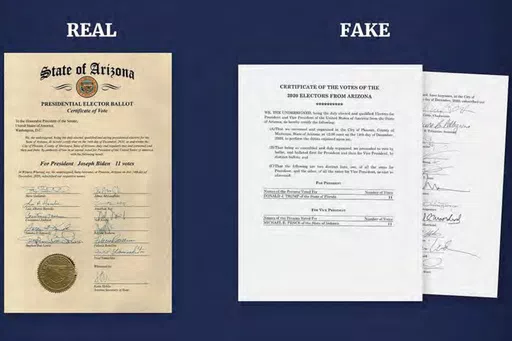 This image released in the final report by the House select committee investigating the Jan. 6 attack on the U.S. Capitol, on Dec. 22, 2022, shows a graphic that illustrates the difference between real and fake Presidential Elector Ballots from Arizona. An Arizona grand jury's indictment of 18 people who either posed as or helped organize a slate of electors claiming Donald Trump won the state in 2020 could help shape the landscape of challenges to the 2024 election. (House Select Committee via 