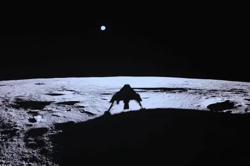 Private lunar lander Blue Ghost's shadow is seen on the moon's surface after touching down on the moon with a special delivery for NASA, Sunday, March 2, 2025. (NASA/Firefly Aerospace via AP)