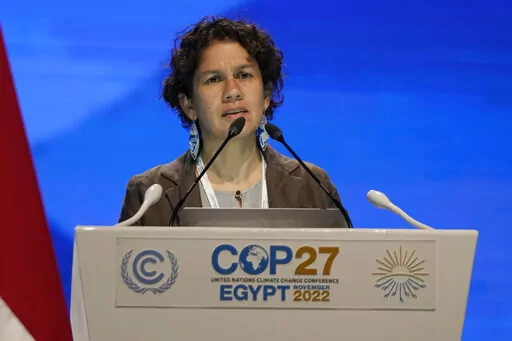 Maisa Rojas, minister of environment of Chile, speaks at the COP27 U.N. Climate Summit, Tuesday, Nov. 15, 2022, in Sharm el-Sheikh, Egypt. Women are controlling negotiations about the thorniest topic in the United Nations climate talks in Egypt. The issue is of reparations for climate disasters and payments from polluting nations to damaged countries. (AP Photo/Peter Dejong, File)