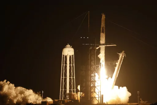 A SpaceX Falcon 9 rocket with the Crew Dragon spacecraft with astronauts on a mission to the International Space Station lifts off from pad 39A at Kennedy Space Center in Cape Canaveral, Fla., Saturday, Aug. 26, 2023. (AP Photo/Terry Renna)