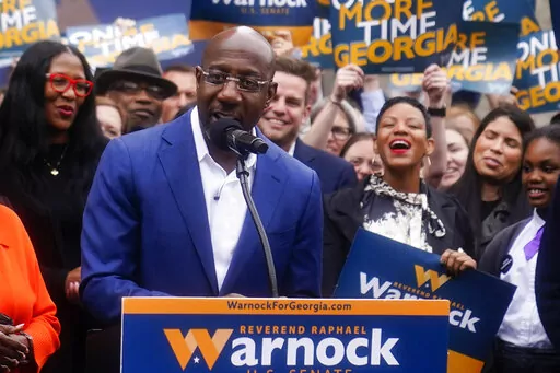 Sen. Raphael Warnock, D-Ga., speaks during a news conference, Nov. 10, 2022, in Atlanta. Warnock is running against Republican Herschel Walker in a runoff election. Democrats have secured their majority in the Senate for the next two years. But holding on to Warnock's seat in Georgia's runoff next month could be crucial to their success.(AP Photo/Brynn Anderson, File)