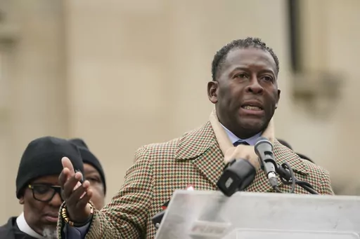 Mississippi state Rep. Chris Bell, D-Jackson, speaks outside the Mississippi state Capitol in Jackson, Miss., Jan. 31, 2023. Bell sponsored a bill that will decriminalize testing materials to detect the synthetic opioid fentanyl. The bill passed with broad bipartisan support. Republican Gov. Tate Reeves signed the measure, which will become law July 1, 2023. (AP Photo/Rogelio V. Solis, File)
