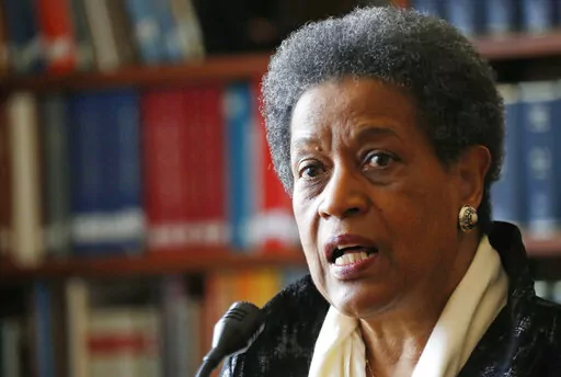Civil rights activist Myrlie Evers-Williams, widow of NAACP leader Medgar Evers, speaks at the announcement of a $2.5 million donation to the Foundation for Mississippi History in Jackson, Miss., Friday, Jan. 9, 2015. In Aug. 2022, Alcorn State University announced it was naming its honors curriculum for Evers-Williams. (AP Photo/Rogelio V. Solis, File)