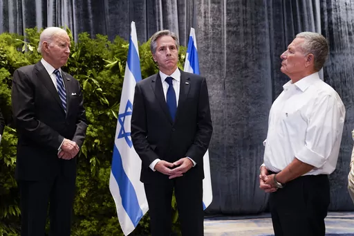 President Joe Biden and U.S. Secretary of State Antony Blinken, meet with victims' relatives and first responders who were directly affected by the Hamas attacks, Wednesday, Oct. 18, 2023, in Tel Aviv. (AP Photo/Evan Vucci)