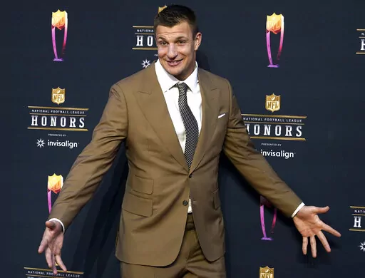 Rob Gronkowski arrives for the NFL Honors in Inglewood, Calif., on Feb. 10, 2022. The four-time Super Bowl winner will host a music festival called “Gronk Beach” in Phoenix on Saturday, Feb. 11, 2023, a day ahead of the Super Bowl. (AP Photo/Marcio Jose Sanchez, File)