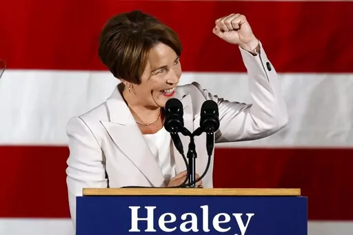 Massachusetts Gov.-elect Maura Healey speaks during a Democratic election night party Tuesday, Nov. 8, 2022, in Boston. (AP Photo/Michael Dwyer)