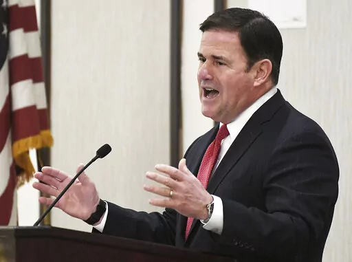 Arizona Gov. Doug Ducey re-delivers his State of the State address in front of a Yuma crowd Thursday, Feb. 17, 2022 inside Pivot Point Conference Center. (Randy Hoeft/The Yuma Sun via AP)