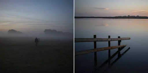 Rancher Jean-Claude Groul, left, fetches his horse at dawn to start the day’s work and a marshland, right, used for grazing semi-wild bulls and horses in the Camargue, southern France, Oct. 11, 2022. (AP Photo/Daniel Cole)