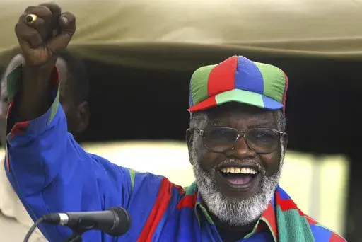 Namibian and ruling Swapo party President Sam Nujoma speaks during an election rally in Windhoek, Namibia, Nov. 13, 2004. (AP Photo/Themba Hadebe, File)