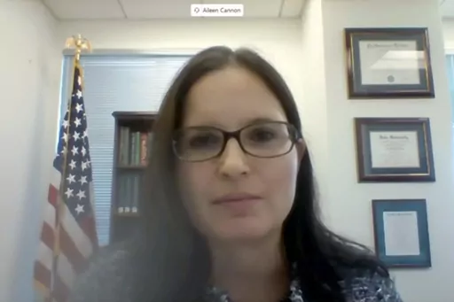 In this image from video provided by the U.S. Senate, Aileen M. Cannon speaks remotely during a Senate Judiciary Committee oversight nomination hearing to be U.S. District Court for the Southern District of Florida on July 29, 2020, in Washington. The federal judge overseeing the Florida classified documents case against Donald Trump is holding a hearing about a potential conflict of interest involving a co-defendant's lawyer. (U.S. Senate via AP)
