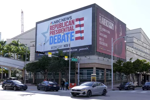 A billboard announcing the third Republican presidential debate in Miami is shown, Tuesday, Nov. 7, 2023, in downtown Miami. Five hopefuls will participate in the debate at the Adrienne Arsht Center for the Performing Arts of Miami-Dade County, according to the Republican National Committee. They are Florida Gov. Ron DeSantis, businessman Vivek Ramaswamy, former U.N. Ambassador Nikki Haley, Sen. Tim Scott, R-S.C., and former New Jersey Gov. Chris Christie. (AP Photo/Wilfredo Lee)