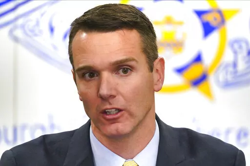 Jeremy Shaffer, the Republican candidate for Pennsylvania's 17th Congressional District, talks after receiving the support of the Fraternal Order of Police Fort Pitt Lodge #1 in Pittsburgh, Oct. 19, 2022. (AP Photo/Gene J. Puskar)