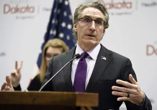 North Dakota Gov. Doug Burgum speaks at the state Capitol on April 10, 2020, in Bismarck, N.D. Burgum signed an abortion ban at six weeks of pregnancy — even in cases of rape or incest — into law on Monday, April 24, 2023. (Mike McCleary/The Bismarck Tribune via AP, File)