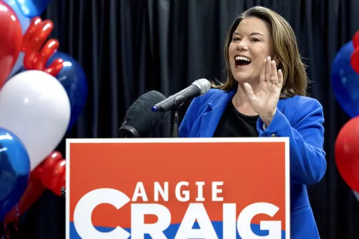 Rep. Angie Craig, D-Minn., greets supporters at an election night party Nov. 8, 2022, at Loon's Landing Brewery in Savage, Minn. Republicans spent more than $12 million to unseat Craig, who won her reelection campaign. (Carlos Gonzalez/Star Tribune via AP, File)