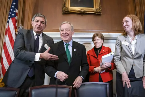 From left, European Union Ambassador Stavros Lambrinidis, Sen. Dick Durbin, D-Ill., Sen. Jeanne Shaheen, D-N.H., and German Ambassador Emily Haber, arrive to discuss the Russian invasion of Ukraine, at the Capitol in Washington, March 10, 2022. A remarkably unified Congress is leading on foreign policy, pressing President Joe Biden to go farther and faster with a strong U.S. response to the escalating war in Ukraine. (AP Photo/J. Scott Applewhite, File)