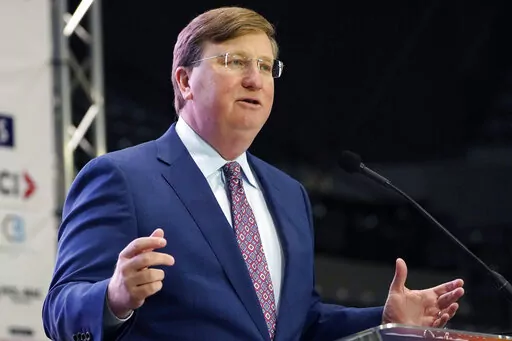 Mississippi Gov. Tate Reeves addresses business leaders at the Mississippi Economic Council's annual "Hobnob Mississippi" in Jackson, Miss., Thursday, Oct. 27, 2022. Reeves expressed a desire for the elimination of the state's income tax during his address. (AP Photo/Rogelio V. Solis)