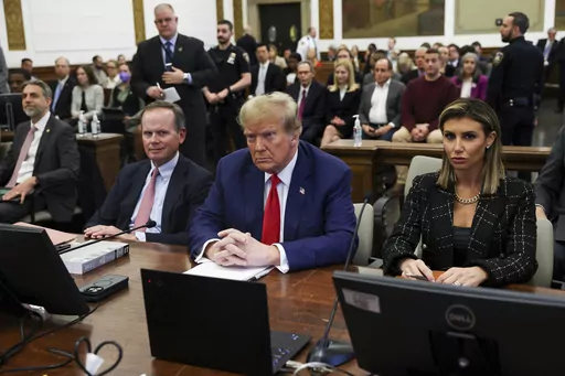 Former U.S. President Donald Trump, with lawyers Christopher Kise and Alina Habba, attends the closing arguments in the Trump Organization civil fraud trial at New York State Supreme Court in the Manhattan borough of New York, Jan. 11, 2024. Trump lawyers filed a notice of appeal Monday, Feb. 26, for his $454 million New York civil fraud judgment, challenging a judge’s finding that he lied about his wealth as he grew the real estate empire that launched him to stardom and the presidency. (Shan