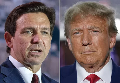 This combination of photos shows Florida Gov. Ron DeSantis speaking on July 17, 2023, in Arlington, Va., left, and former President Donald Trump speaking in Bedminster, N.J., June 13, 2023. Trump met privately with DeSantis over the weekend, according to two people familiar with the discussion, marking a detente between the former rivals after a brutal primary contest marked by insults and bruised egos. (AP Photo, File)