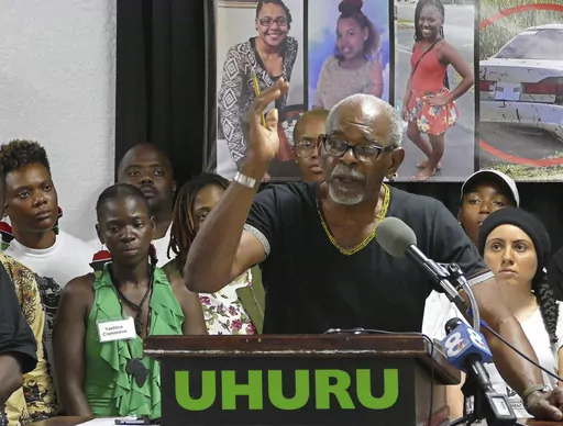 Omali Yeshitela, chairman of the International People's Democratic Uhuru Movement, St. Petersburg, addresses the recent killings of black males, and police on July 8, 2016, in Dallas. Four Americans affiliated with a Black empowerment and political organization, including Yeshitela, have been charged along with three Russians with conspiring to covertly sow discord in U.S. society, spread Russian propaganda and interfere illegally in U.S. elections, according to an indictment unsealed Tuesday, A