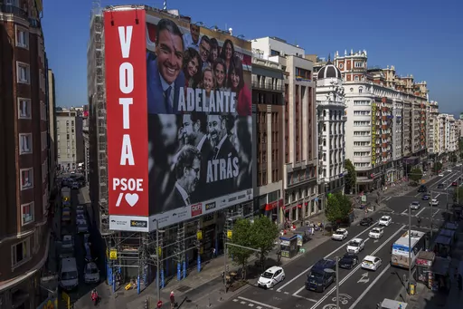 A giant electoral poster depicting Spain's Prime Minister and Socialist candidate Pedro Sánchez, top, and conservative PP party leader Alberto Nunez Feijóo and VOX far-right party leader Santiago Abascal is displayed on a building at the Gran Via avenue in Madrid, Spain, Monday, July 10, 2023. A general election on Sunday July 23, 2023, could make Spain the latest European Union member to swing to the right. Prime Minister Pedro Sánchez called the early election after his Spanish Socialist Wo