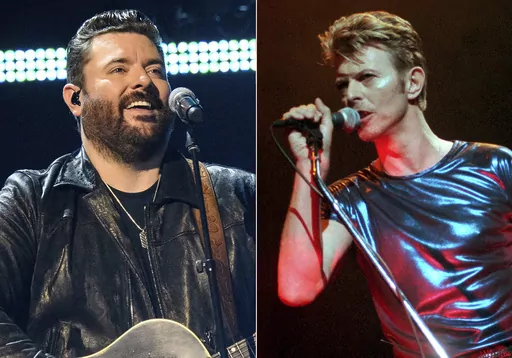 Chris Young performs at the 56th annual Academy of Country Music Awards in Nashville, Tenn., on April 16, 2021, left, and David Bowie performs during a concert in Hartford, Conn., on Sept. 14, 1995. Young’s latest single, “Young Love & Saturday Nights,” samples Bowie's 1974 hit “Rebel Rebel." Bowie, whose extensive music catalog was sold to Warner Chappell Music last year, is credited posthumously as a songwriter on the track, making it one of the genre-melding icon's few forays into cou