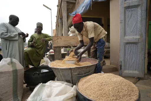 A man sells grain in Dawanau International Market in Kano, Nigeria on July 14, 2023. Many poor countries in Africa face the harshest effects of climate change: severe droughts, vicious heat and dry land, but also unpredictable rain and devastating flooding. The shocks worsen conflict and upend livelihoods because many people are farmers — work that is increasingly vulnerable to a warming world. (AP Photo/Sunday Alamba, File)