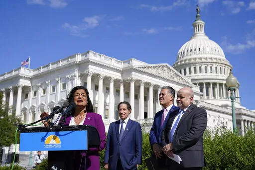 Rep. Pramila Jayapal, D-Wash., speaks at a Congressional Progressive Caucus news conference as the House meets to consider the Inflation Reduction Act, Aug. 12, 2022, on Capitol Hill in Washington. Standing with Jayapal from left are Rep. Jamie Raskin, D-Md., Rep. Mark Takano, D-Calif., and Rep. Mark Pocan, D-Wis. (AP Photo/Patrick Semansky, File)