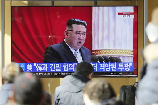 A TV screen shows a news program reporting with footage of North Korean leader Kim Jong Un in Pyongyang, at the Seoul Railway Station in Seoul, South Korea, on Dec. 27, 2022. South Korea’s military said it detected North Korea firing one short-range ballistic missile into waters off its western coast on Thursday, March 9, 2023. (AP Photo/Lee Jin-man, File)