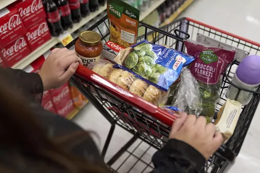 A food shopper pushes a cart of groceries at a supermarket in Bellflower, Calif., on Monday, Feb. 13, 2023. Over the past 12 months, gas prices have dropped, grocery costs have risen more slowly and used cars have become less expensive.(AP Photo/Allison Dinner, File)