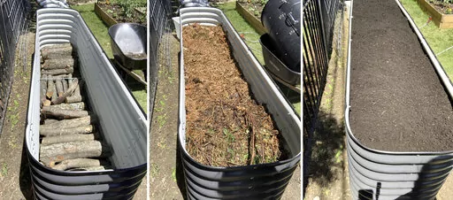 This combination of images provided by Adrianna Birnbaum show a base layer of logs used in creating a raised Hugulkultur bed, from left, a layer of garden debris and twigs used in creating a raised Hugulkultur bed and a completed raised Hugulkultur bed. (Adrianna Birnbaum/rootedheartgarden.com via AP)