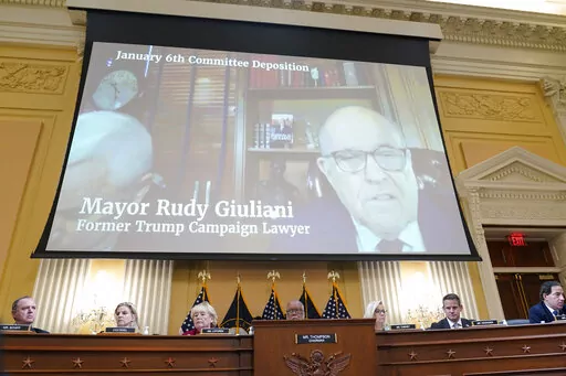 A video deposition of former Trump campaign attorney and former New York Mayor Rudolph Giuliani plays as the House select committee investigating the Jan. 6 attack on the U.S. Capitol continues to reveal its findings of a year-long investigation, at the Capitol in Washington, Monday, June 13, 2022. (AP Photo/Susan Walsh, File)