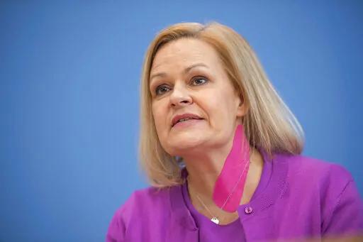 Nancy Faeser, Federal Minister of the Interior and Home Affairs, speaks at a press conference to present the Action Plan on Right-Wing Extremism in Berlin, Germany, Tuesday, March 15, 2022. Germany's top security officials announced a ten-point plan Tuesday to combat far-right extremism in the country that includes disarming some 1,500 suspected extremists and tightening background checks for those wanting to acquire guns. Interior Minister Nancy Faeser said the far right poses the biggest extre