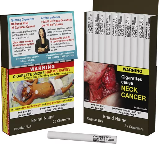This image provided by Health Canada shows the final wording of six separate warnings that will be printed directly on individual cigarettes as Canada becomes the first in the world to take that step aimed at helping people quit the habit. The regulations take effect Aug. 1 and will be phased in. King-size cigarettes will be the first to feature the warnings and will be sold in stores by the end of July 2024, followed by regular-size cigarettes, and little cigars with tipping paper and tubes by 