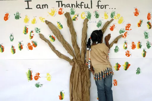 A student places her handprint along with those of other students at a primary school in Lufkin, Texas on Tuesday, Nov. 22, 2005. (Joel Andrews/The Daily News via AP, File)