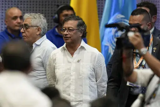 Colombia's President Gustavo Petro arrives at the opening ceremony of COP16, a United Nations' biodiversity conference, in Cali, Colombia, Oct. 20, 2024. (AP Photo/Fernando Vergara, file)