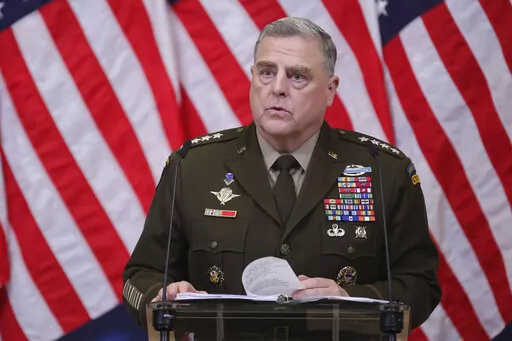 Chairman of the Joint Chiefs of Staff Gen. Mark Milley speaks during a media conference after a meeting of NATO defense ministers at NATO headquarters in Brussels, Oct. 12, 2022. This winter could provide both Russia and Ukraine an opportunity to negotiate a peace after eight months of fighting that has killed tens of thousands of people on both sides, Milley said on Nov. 9. (AP Photo/Olivier Matthys, File)