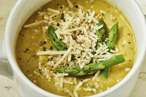 This January 2022 photo shows a recipe for asparagus soup in New York. (Cheyenne Cohen via AP)