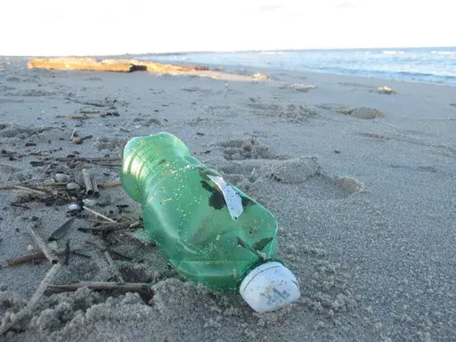 A plastic beverage bottle appears on the sand in Sandy Hook, N.J.on Feb. 6, 2022. (AP Photo/Wayne Parry, File)